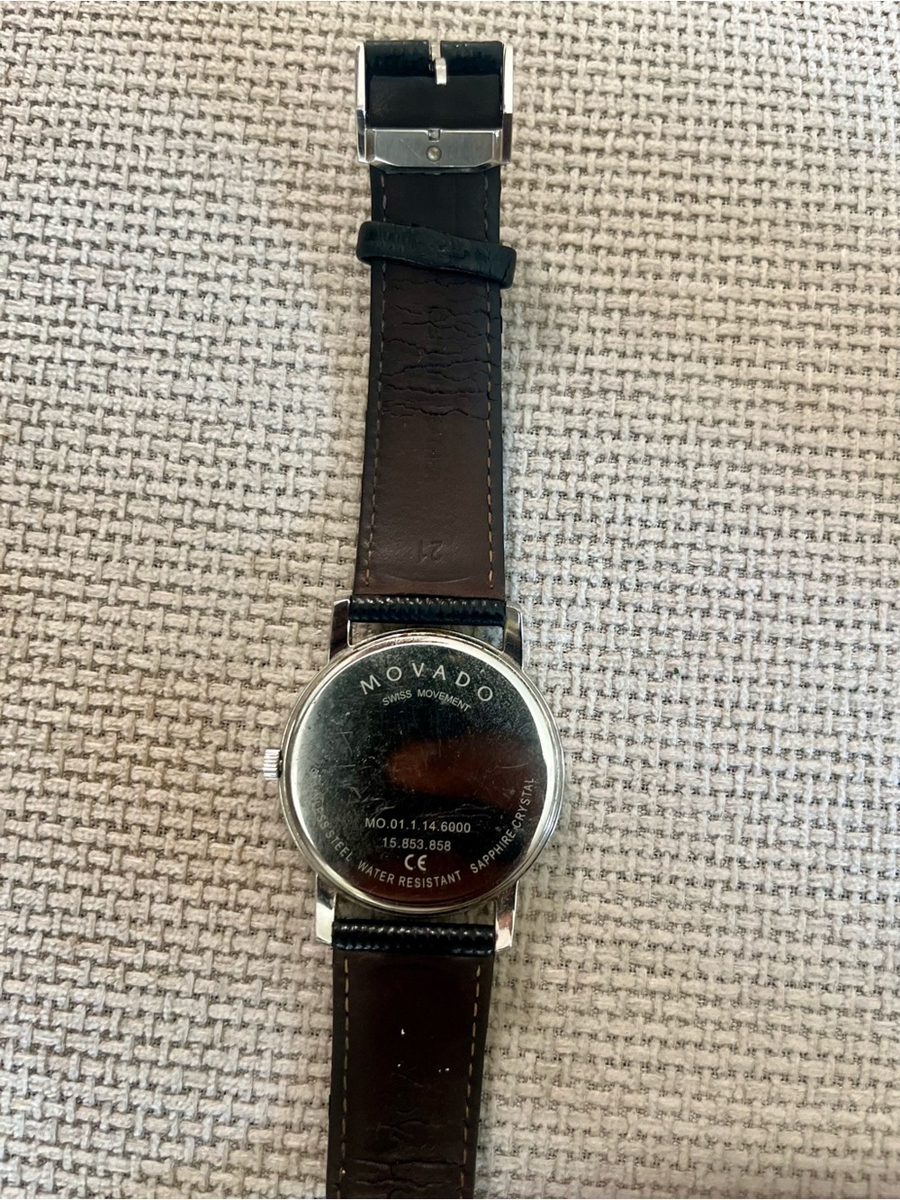 Movado Black Dial Silver Case Leather Strap Watch - Picture 5 of 8